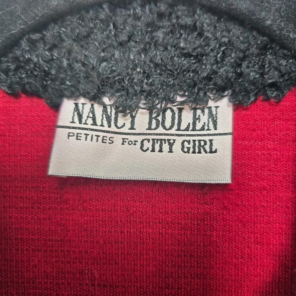 Nancy Bolen Petites City Girl Red Black Studded Skirt Suit Set Faux Fur Trim 90s